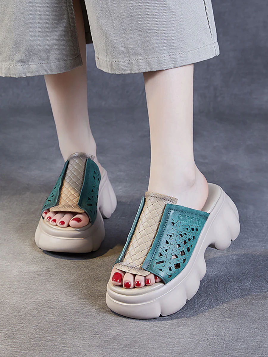 Casual Leather Spliced Platfrom Slippers - Image 2
