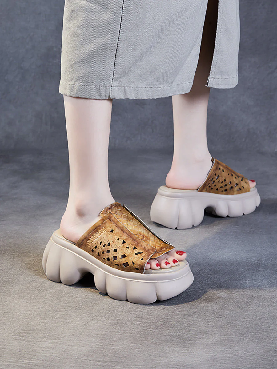 Casual Leather Spliced Platfrom Slippers - Image 3