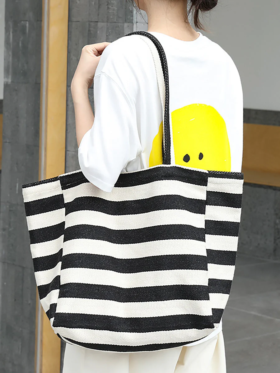 Casual Stripe Canvas Large Capacity Shoulder Bag - Image 3