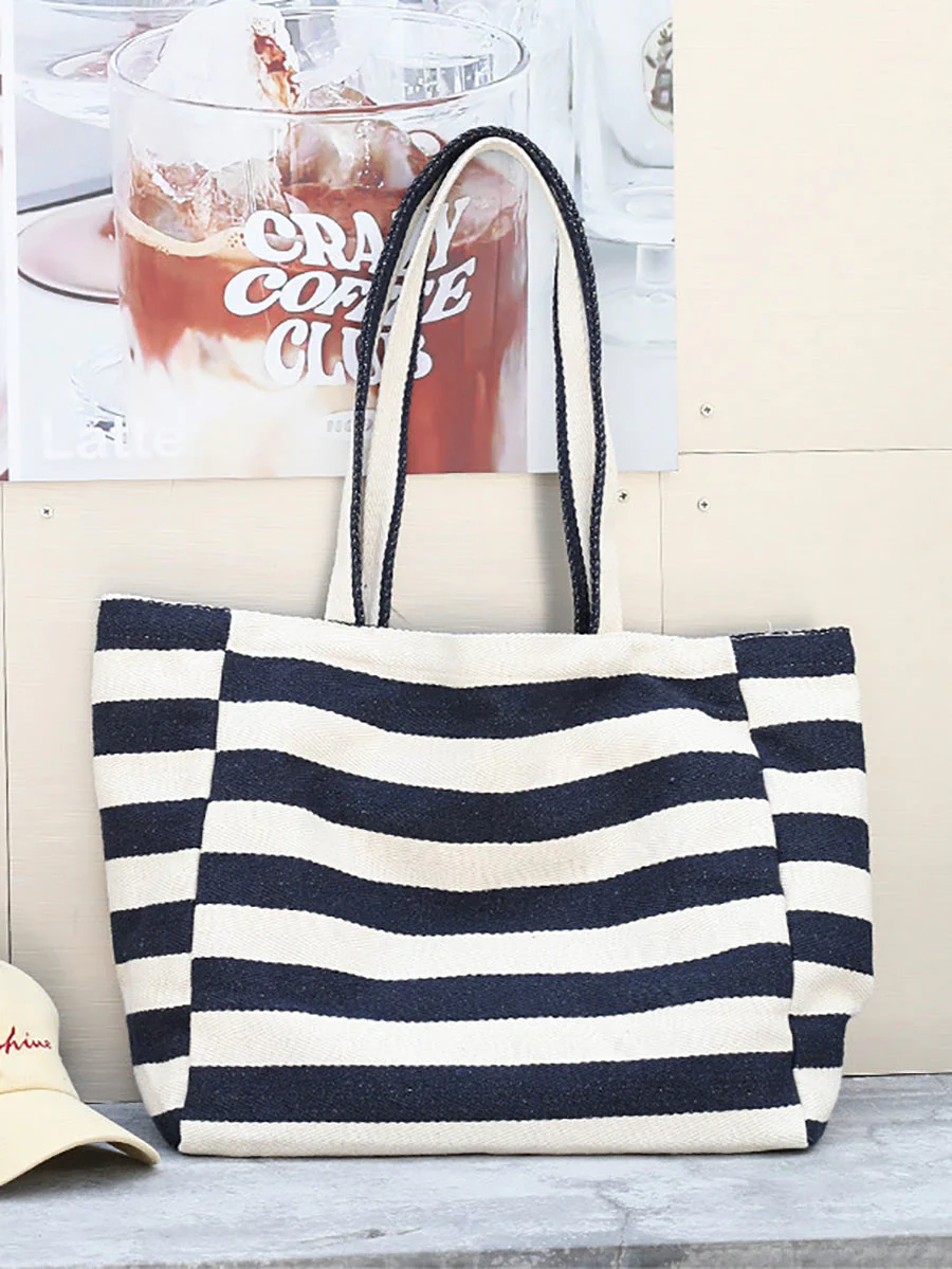 Casual Stripe Canvas Large Capacity Shoulder Bag - Image 7