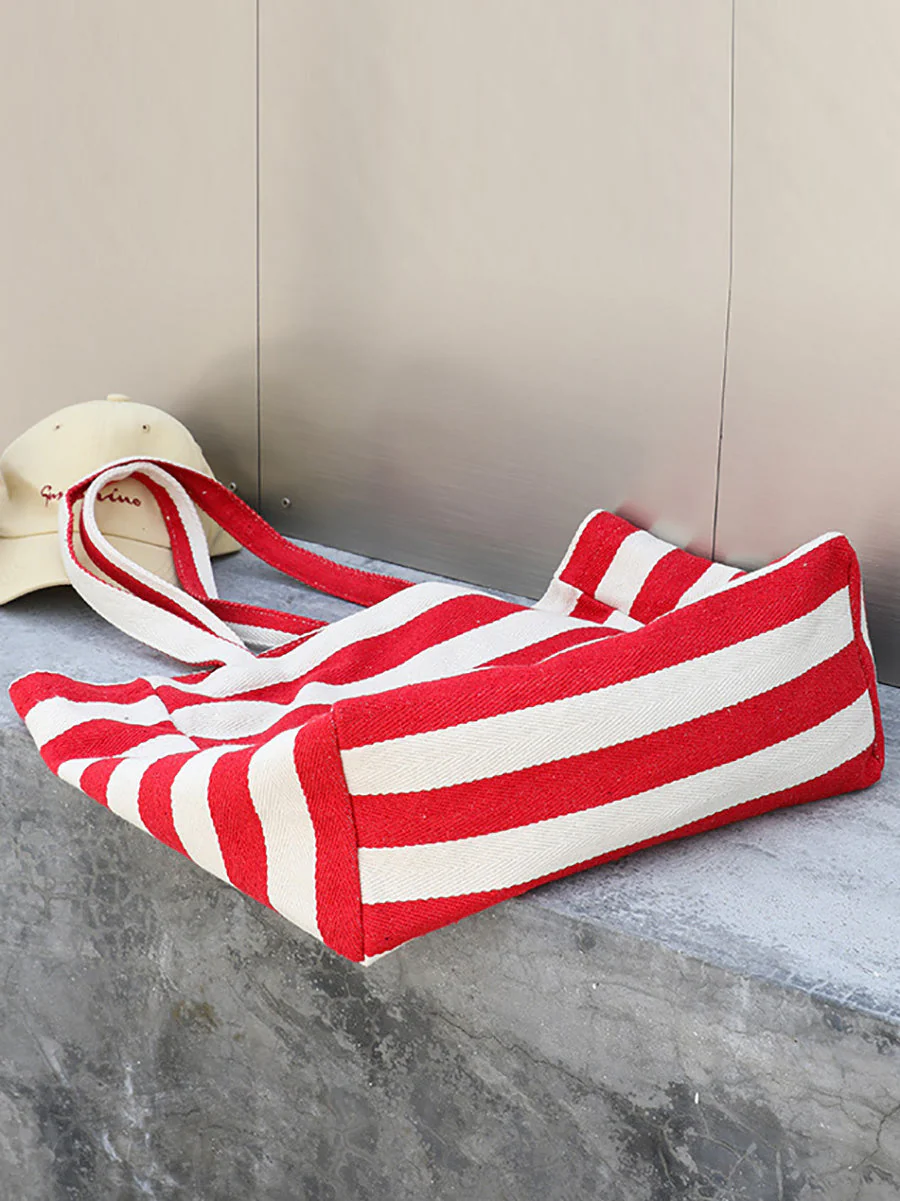 Casual Stripe Canvas Large Capacity Shoulder Bag - Image 9