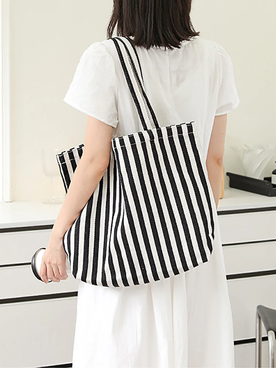 Casual Stripe Shoulder Canvas Bag - Image 7