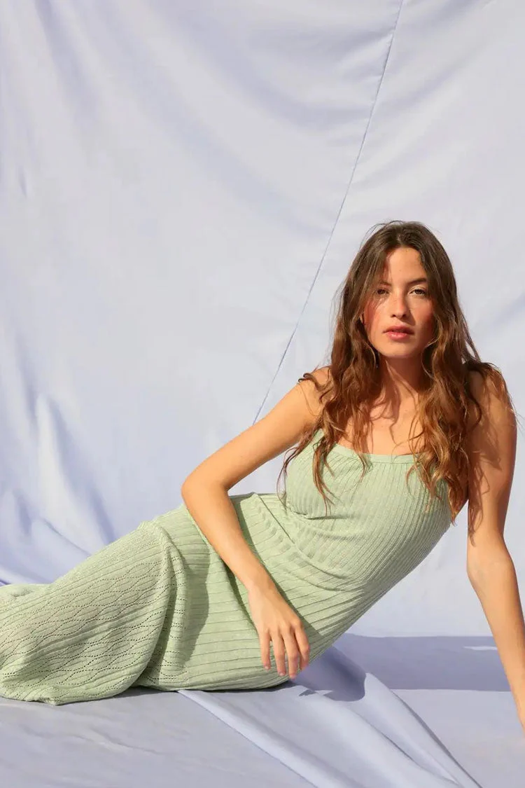 Casual Style Square Neck Rib Knit Slip Midi Sundress - Green - Image 3