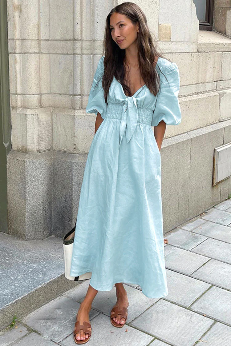 Casual Tie Front Puff Sleeve Linen Beach Vacation Midi Dress - Sky Blue - Image 2