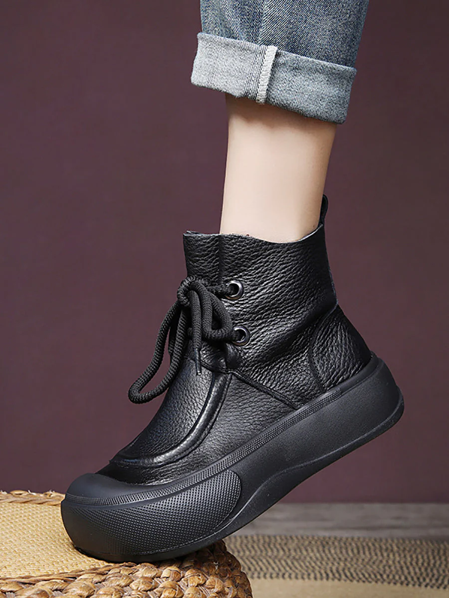 Casual Winter Solid Leather Strap Platform Boots - Image 4