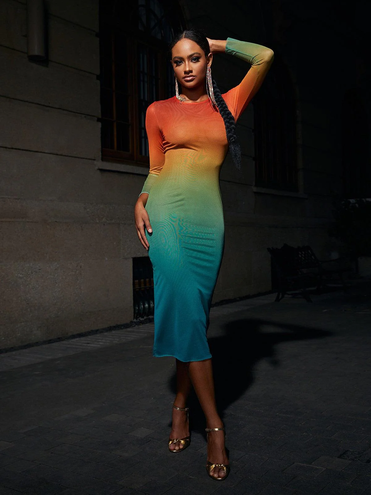 Celestial Ombre Long Sleeve Mesh Midi Dress - Image 2