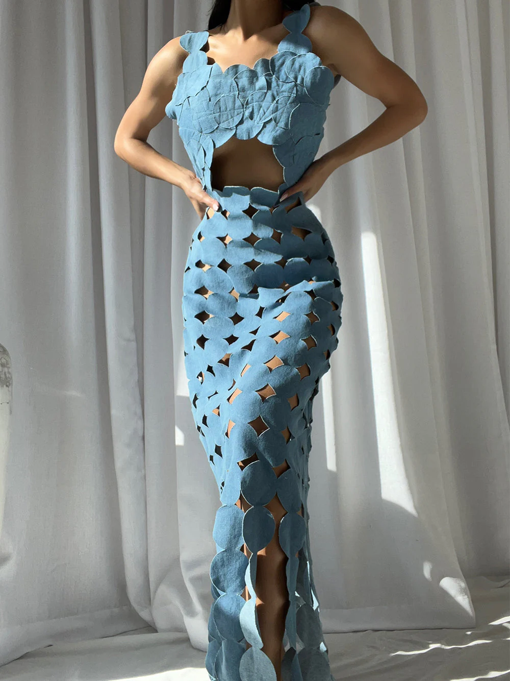 CERA Appliqué Fringe Maxi Dress in Denim - Image 3