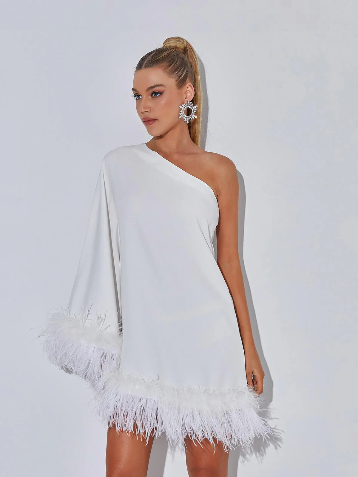 Ceridwen One Shoulder Feather Mini Dress In White - Image 4
