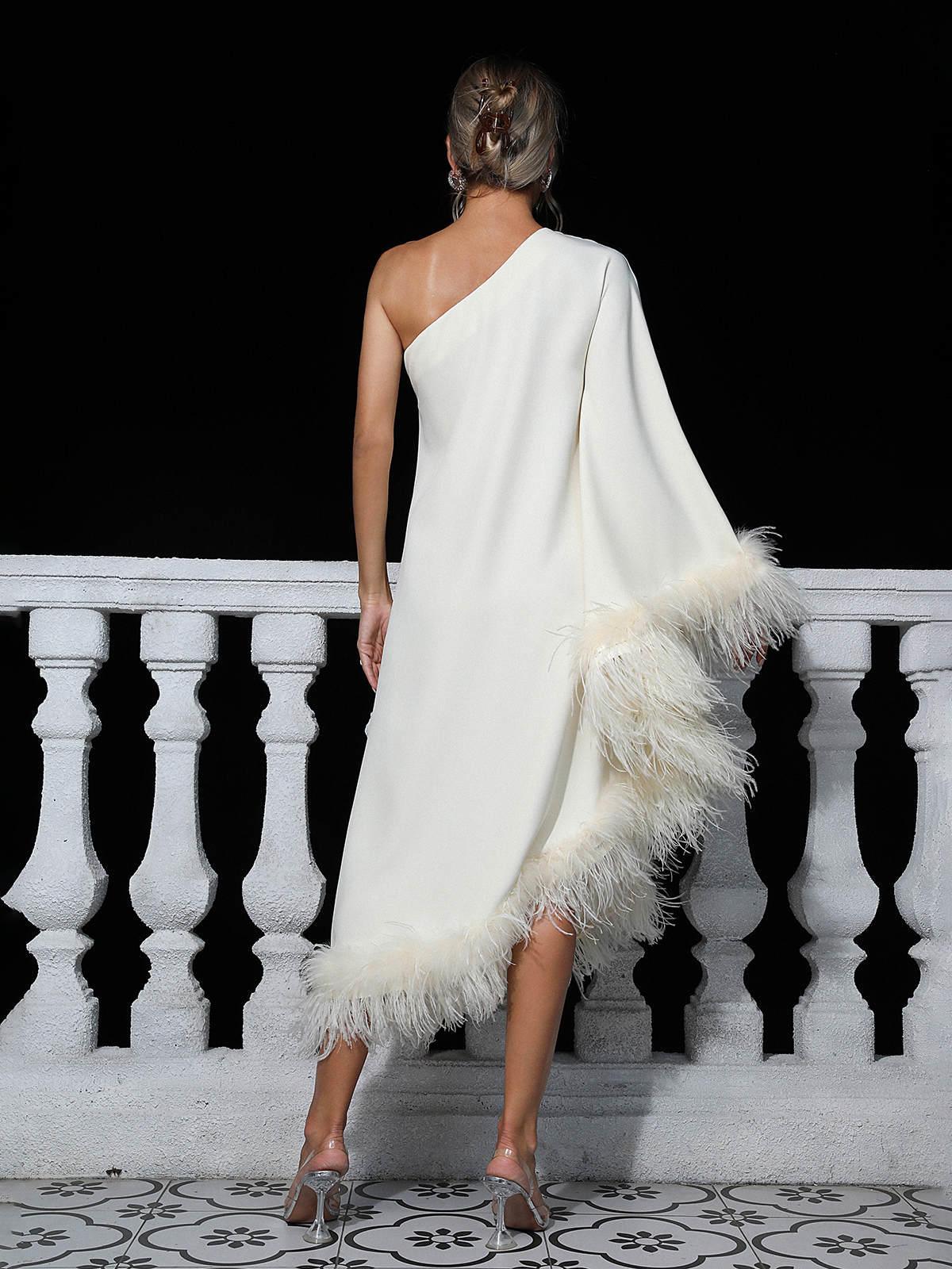 Ceridwen One Shoulder Feather Trimmed Maxi Dress In White - Image 5