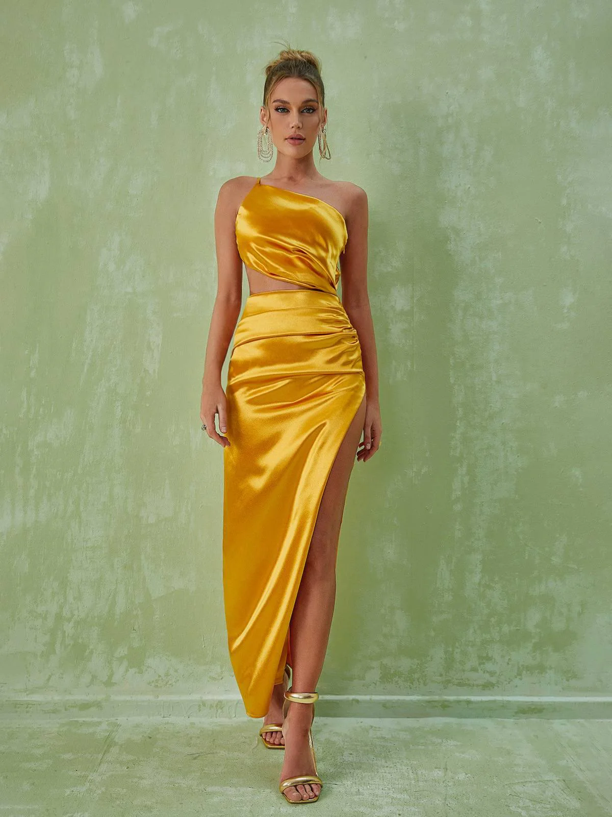 Chara One Shoulder Cutout Maxi Dress In Gold - Image 2