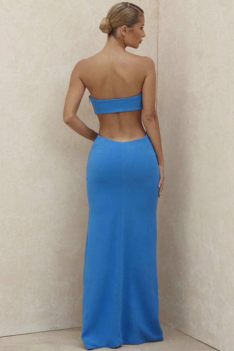 Charming Strapless Cut Out High Slit Maxi Prom Formal Dress - Blue - Image 3
