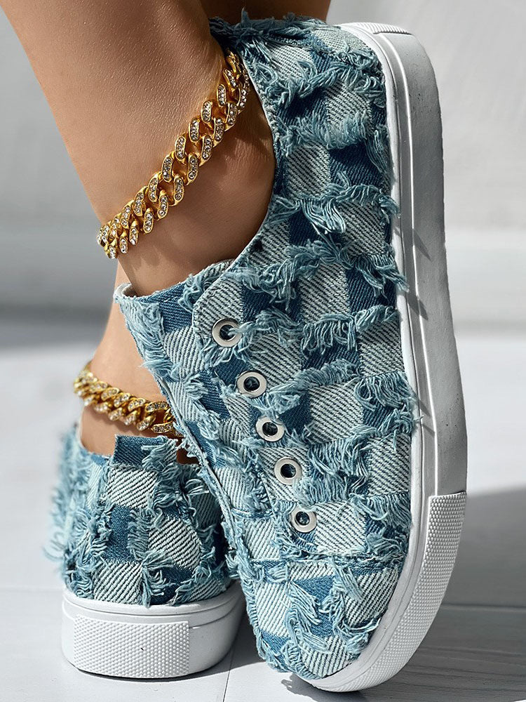 Checkerboard Raw Trim Denim Sneakers - Image 3