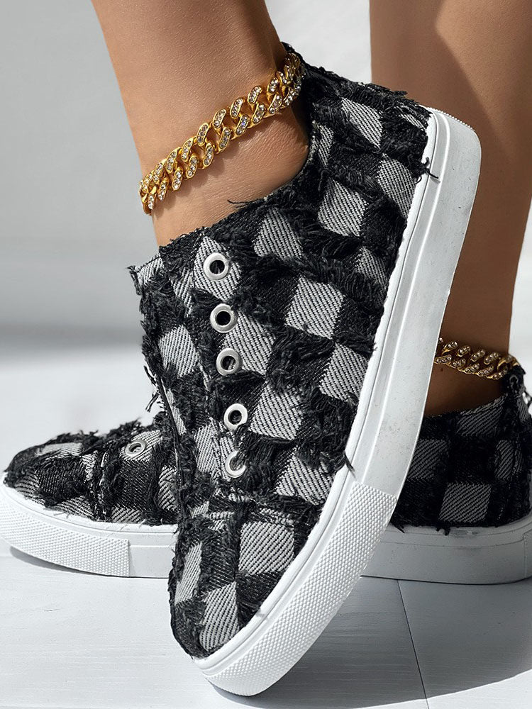Checkerboard Raw Trim Denim Sneakers - Image 7