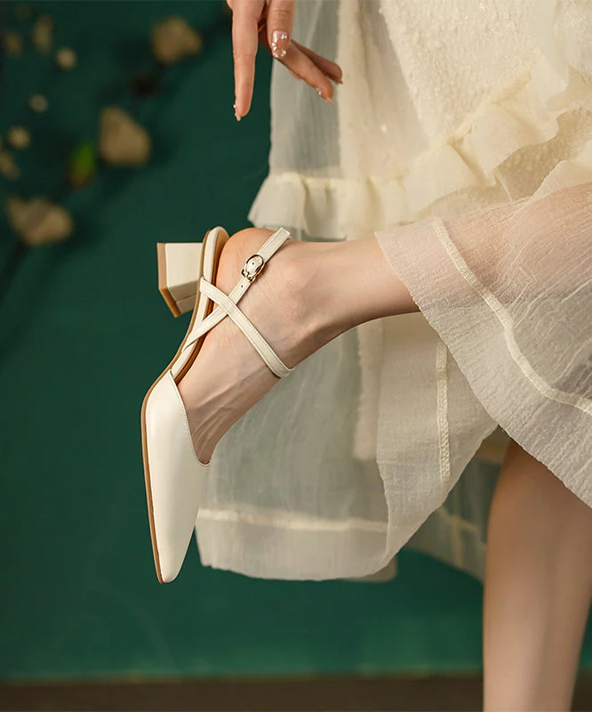 Chic Beige Splicing Cowhide Leather Chunky Sandals Pointed Toe - Image 3