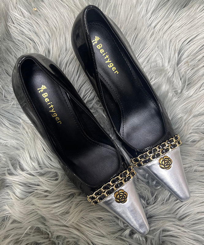 Chic Black Splicing Sheepskin Linked High Heels Sequined Stiletto - Image 2