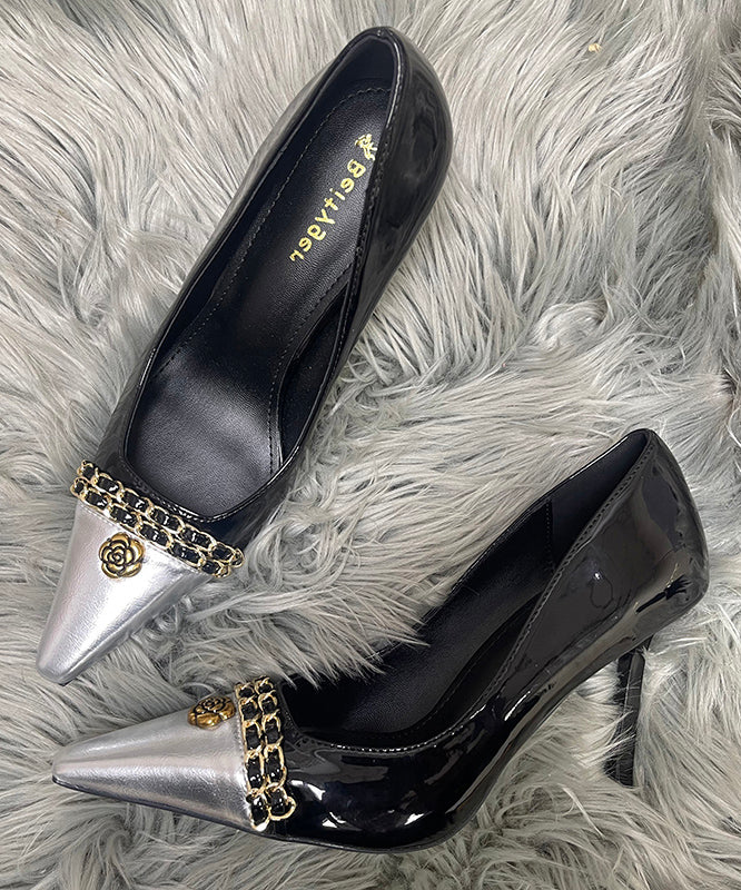 Chic Black Splicing Sheepskin Linked High Heels Sequined Stiletto - Image 4