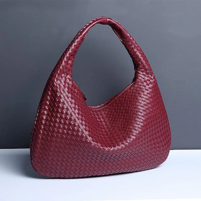 Chic Burgundy Hobo Woven Leather Bag Faux - Image 13