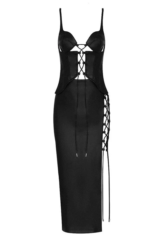 Chic Bustier Lace Up Vegan Leather Skirt Two Piece Dress - Black - Image 2