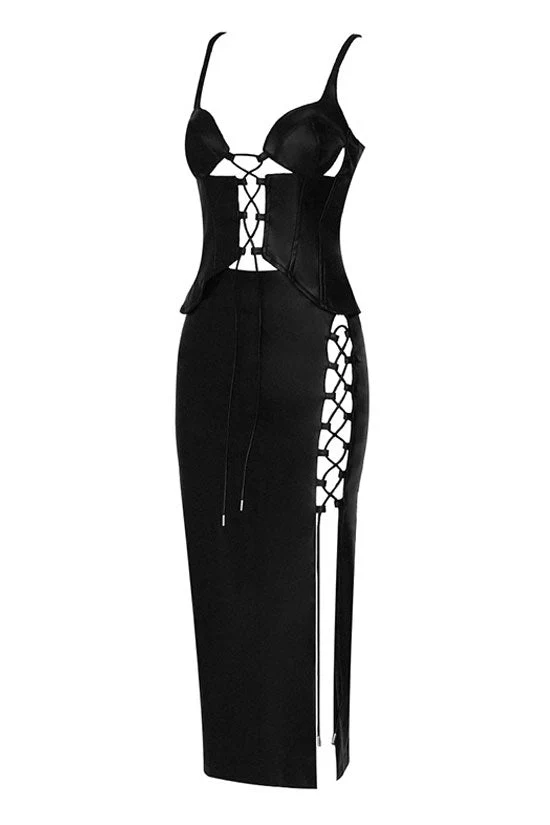 Chic Bustier Lace Up Vegan Leather Skirt Two Piece Dress - Black - Image 3