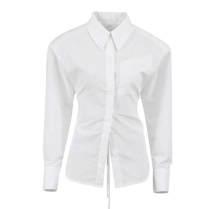 Button Up Shoulder Pad Pointed Collar Tie String Backless Blouse - White - Image 4