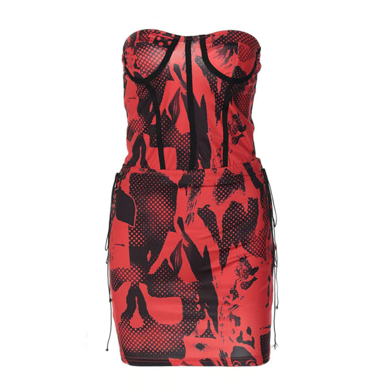 Checkerboard Strapless Crop Top Lace Up Bodycon Mini Skirt Matching Set - Red - Image 3