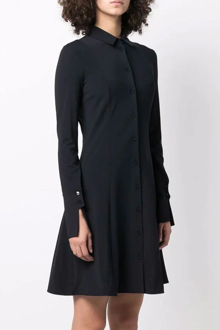 Chic Collared Button Down Long Sleeve Fit & Flare Mini Shirt Dress - Black - Image 2