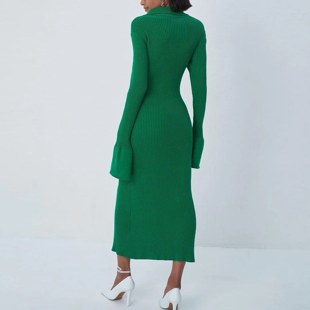 Collared Button Down Long Sleeve Split Trim Maxi Dress - Green - Image 2