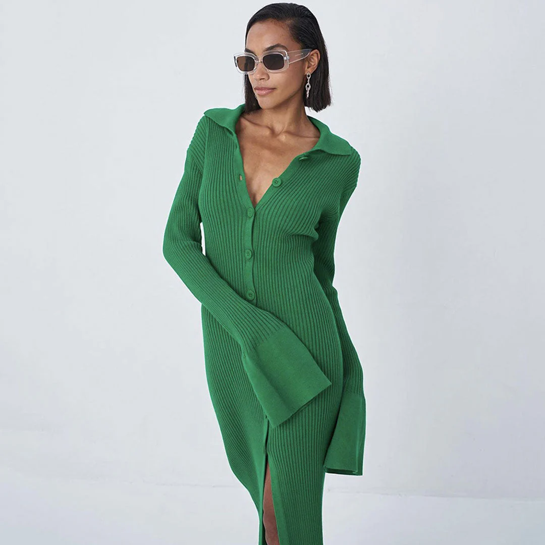 Collared Button Down Long Sleeve Split Trim Maxi Dress - Green - Image 3