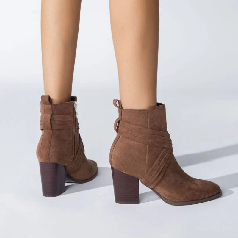 Crisscross Strap Pointed Toe Block Heel Suede Ankle Boots - Brown - Image 3