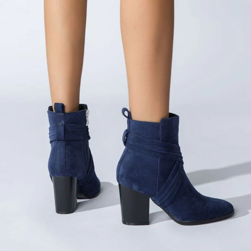 Crisscross Strap Pointed Toe Block Heel Suede Ankle Boots - Navy Blue - Image 3