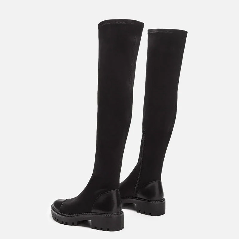 Panel Trim Lug Sole Over The Knee Boots - Black - Image 2