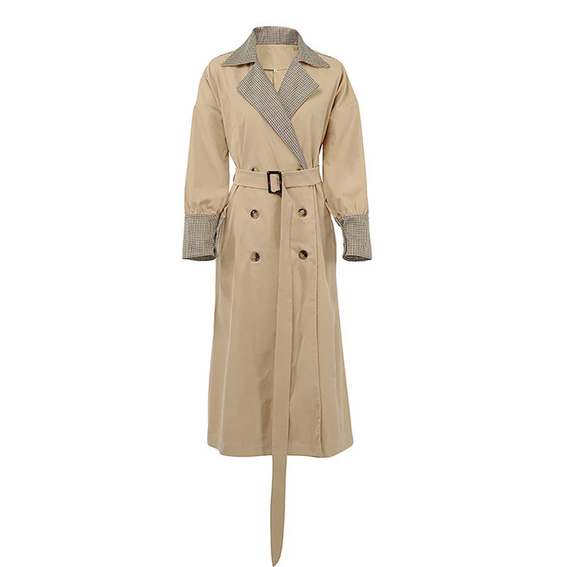 Gingham Print Belted Long Sleeve Double Breasted Trench Coat - Khaki - Image 4