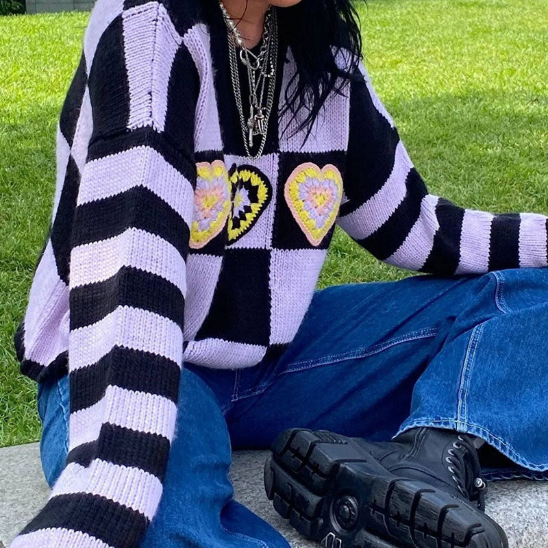 Heart Checkered Drop Shoulder Long Sleeve Sweater - Purple - Image 3