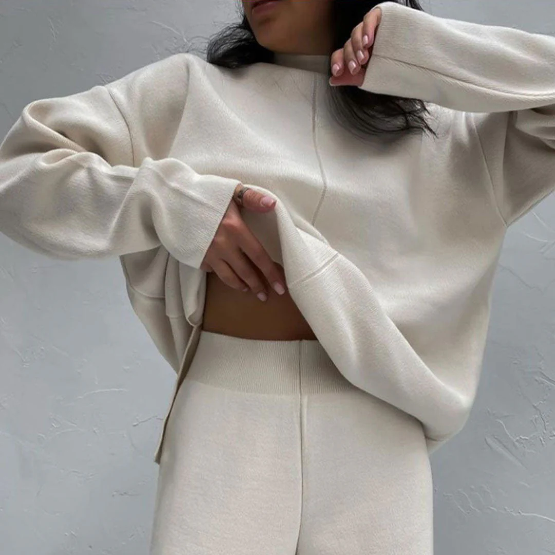 High Neck Pullover Sweater Wide Leg Pants Matching Set - Beige - Image 2