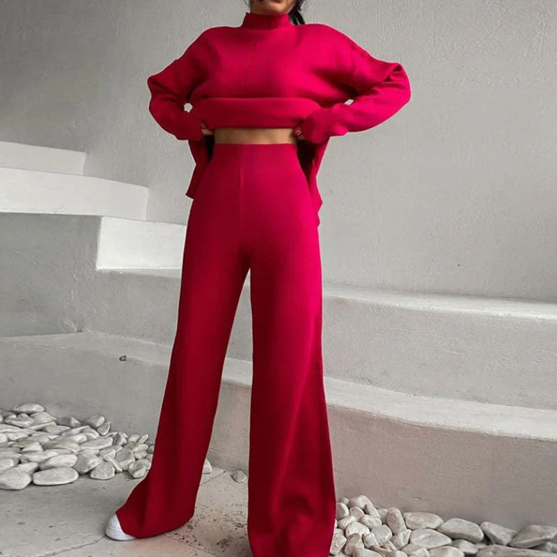 High Neck Pullover Sweater Wide Leg Pants Matching Set - Red - Image 2