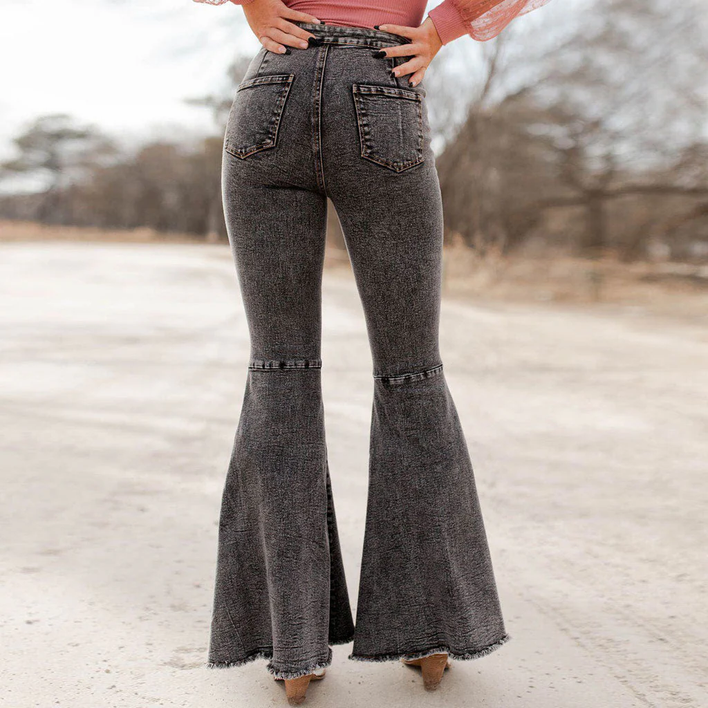High Waist Frayed Flare Hem Skinny Bell Jeans - Gray - Image 2