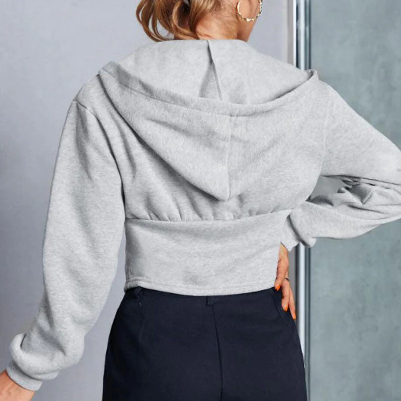 Hook and Eye Detail Drop Shoulder Long Sleeve Deep V Cropped Hoodie - Gray - Image 3