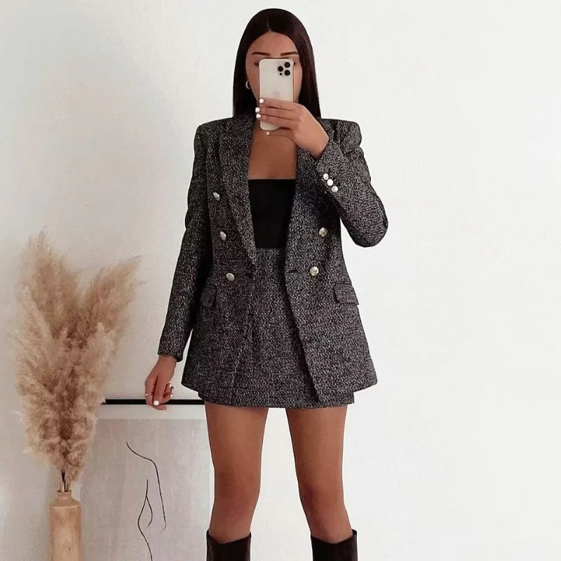 Lapel Collar Double Breasted Long Sleeve Longline Tweed Blazer - Gray - Image 3