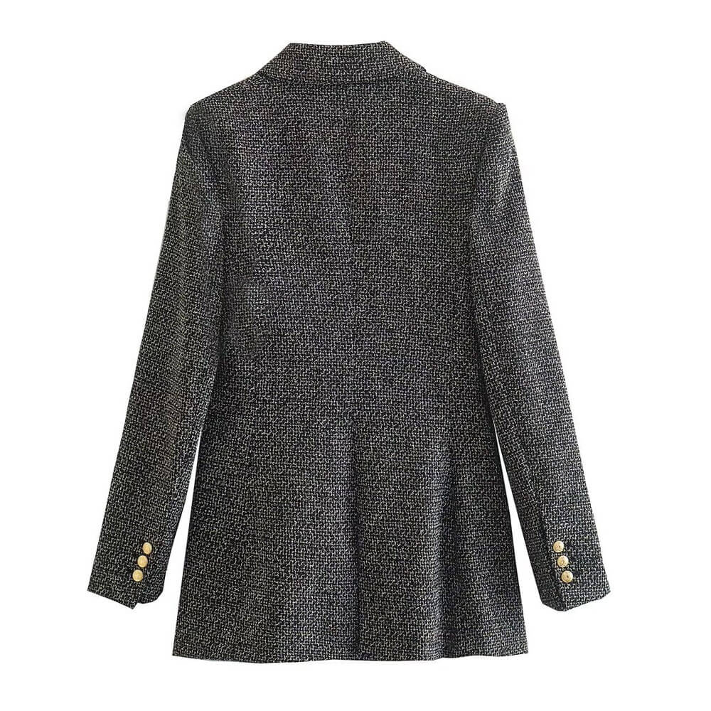 Lapel Collar Double Breasted Long Sleeve Longline Tweed Blazer - Gray - Image 4