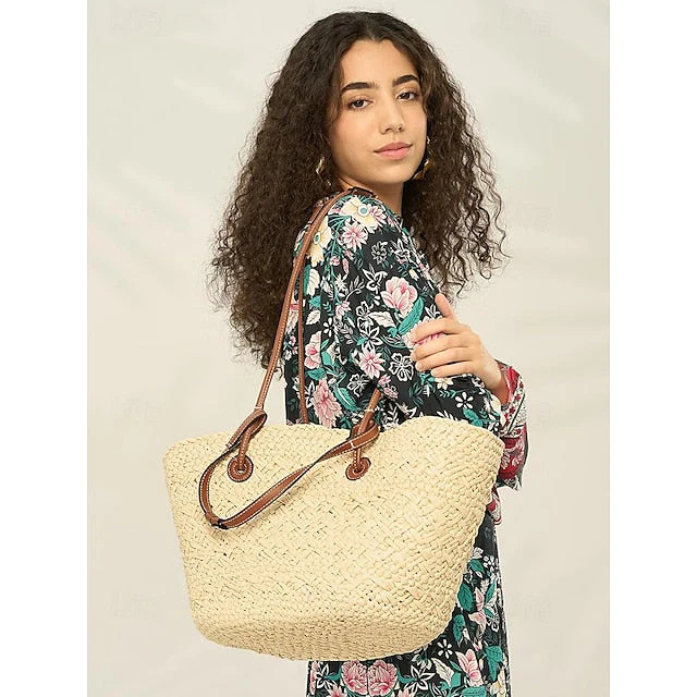 Chic Large Bag Straw Tote with Straps Leather Boho - Image 2