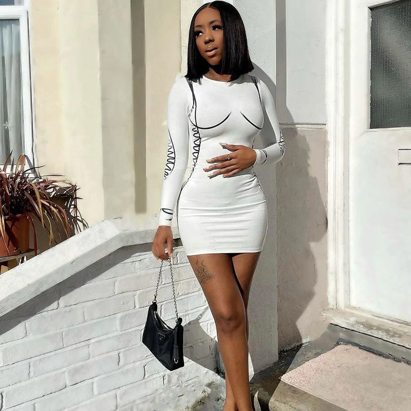 Long Sleeve Contour Drawn Print Bodycon Mini Dress - White - Image 3