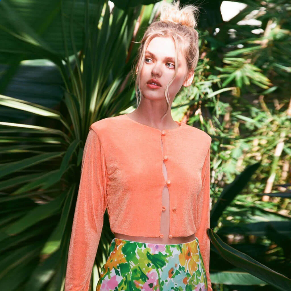 Round Neck Button Up Long Sleeve Crop Top - Burnt Orange - Image 2