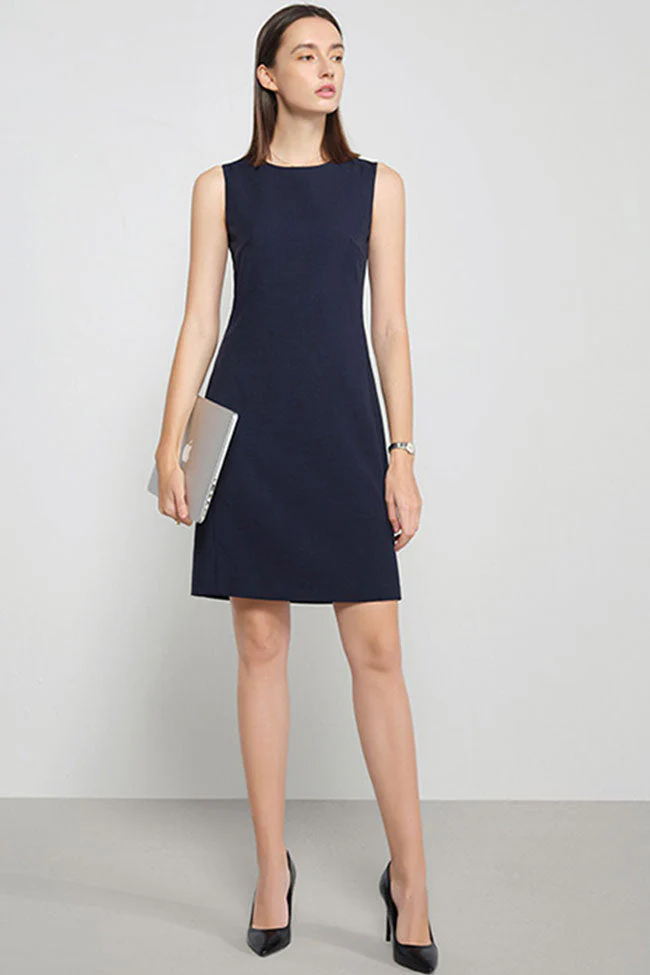 Chic Round Neck Solid Color Fitted Sleeveless Mini Dress - Navy Blue - Image 2