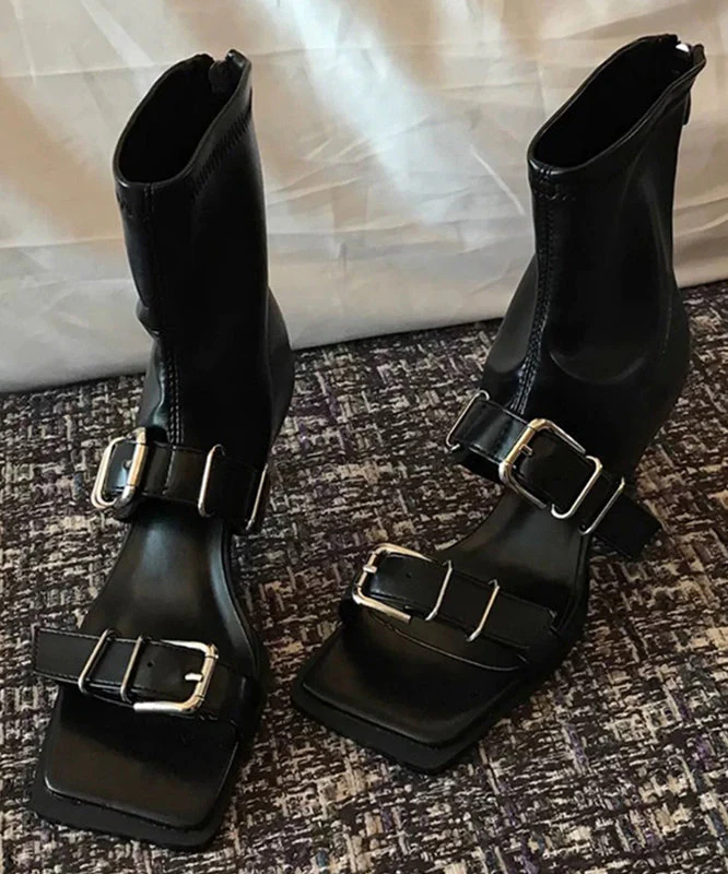 Chic Sheepskin Splicing High Heels Sandals Boots Peep Toe - Image 5