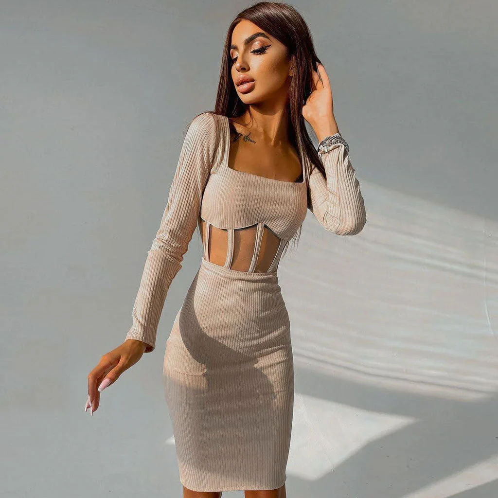 Square Neck Long Sleeve Mesh Panel Midi Dress - Beige - Image 3