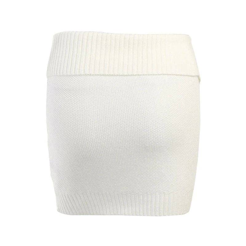 Textured Cable Knit Ribbed Trim Foldover Zip Front Mini Skirt - White - Image 3