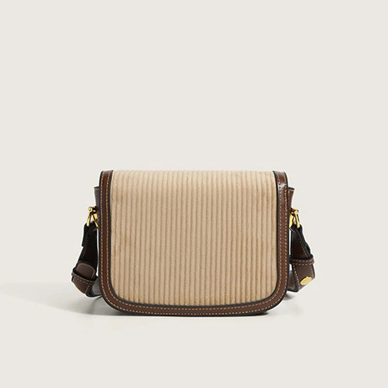 Textured Suspender Strap Flap Front Velvet Shoulder Bag - Khaki - Image 3