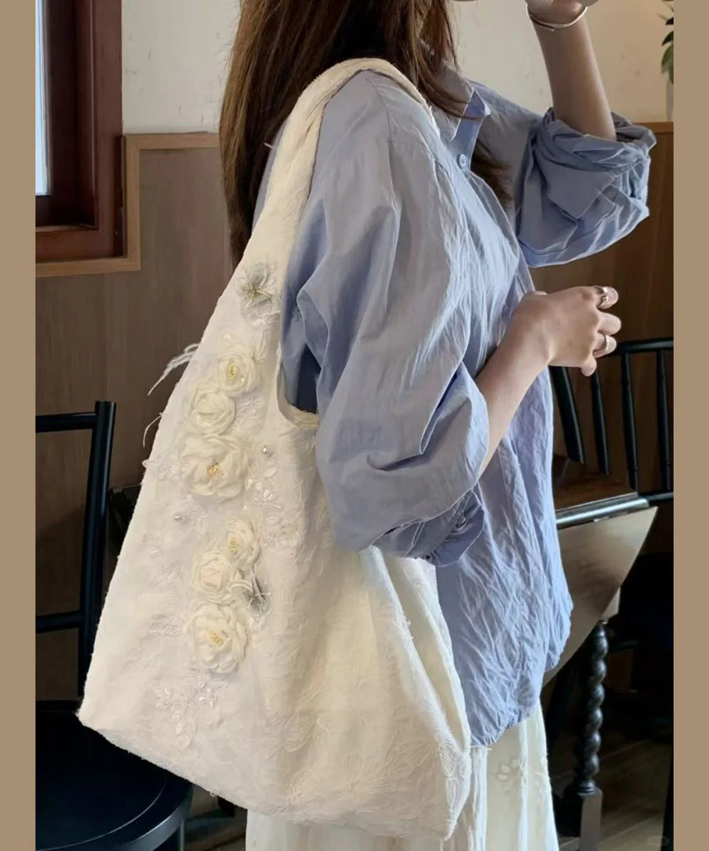 Chic White Floral Decorated Canvas Satchel Handbag - Image 3