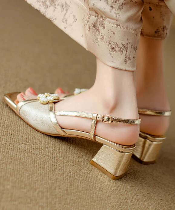 Chinese Style Chunky Sandals Green Cowhide Leather Peep Toe - Image 5