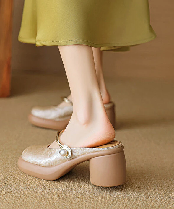 Chinese Style Comfy Apricot Chunky Heel Slide Sandals - Image 5